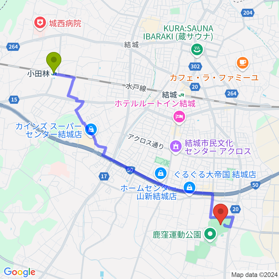 小田林駅からかなくぼ総合体育館へのルートマップ地図