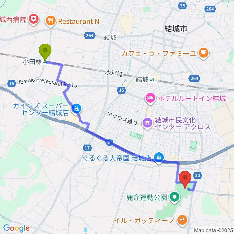 小田林駅からかなくぼ総合体育館へのルートマップ地図