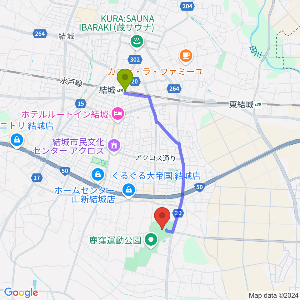 かなくぼ総合体育館の最寄駅結城駅からの徒歩ルート（約29分）地図