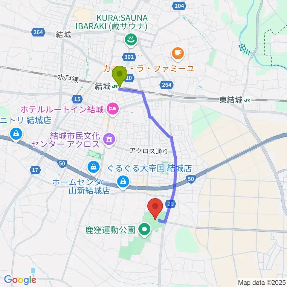 かなくぼ総合体育館の最寄駅結城駅からの徒歩ルート（約29分）地図