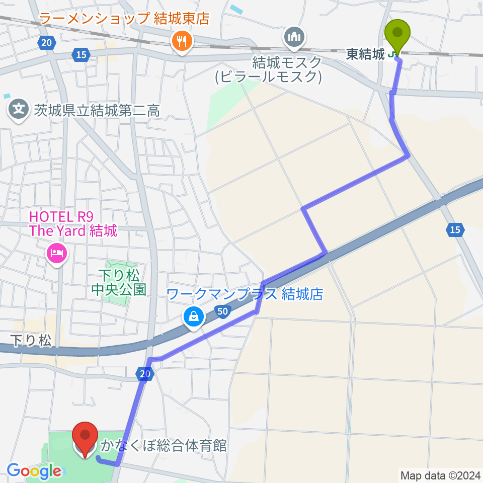 東結城駅からかなくぼ総合体育館へのルートマップ地図