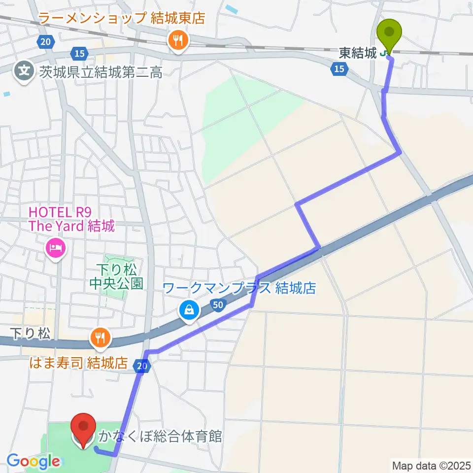 東結城駅からかなくぼ総合体育館へのルートマップ地図