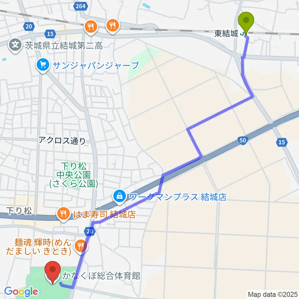 東結城駅からかなくぼ総合体育館へのルートマップ地図