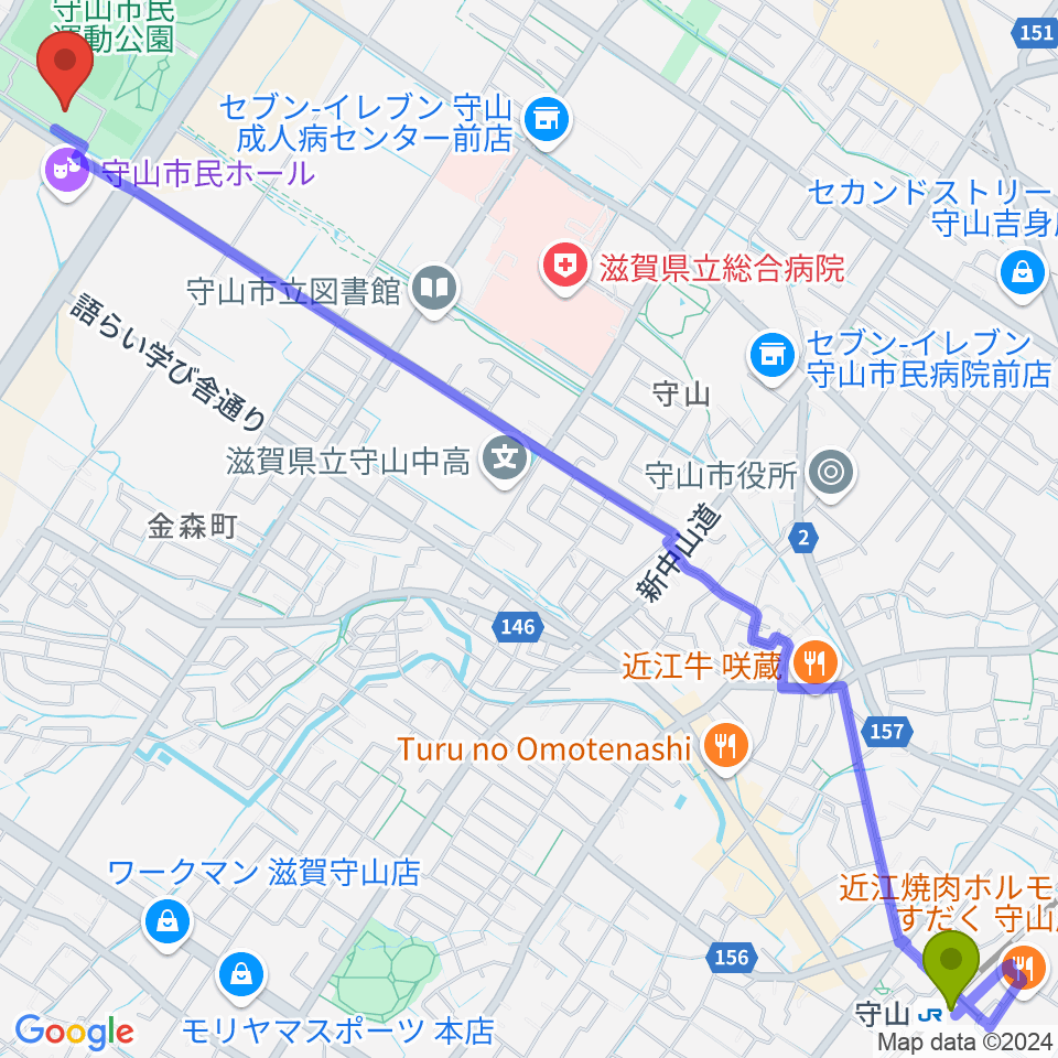 守山市民体育館の最寄駅守山駅からの徒歩ルート（約37分）地図