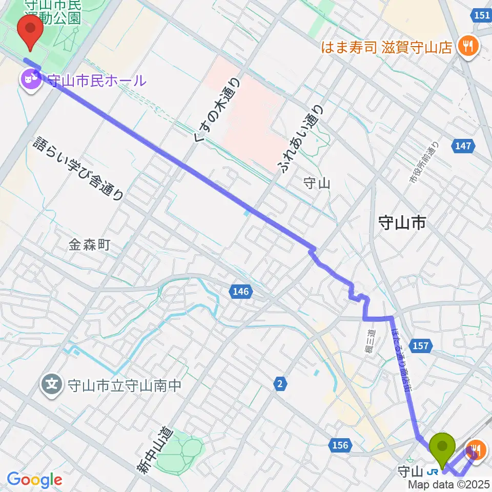 守山市民体育館の最寄駅守山駅からの徒歩ルート（約37分）地図