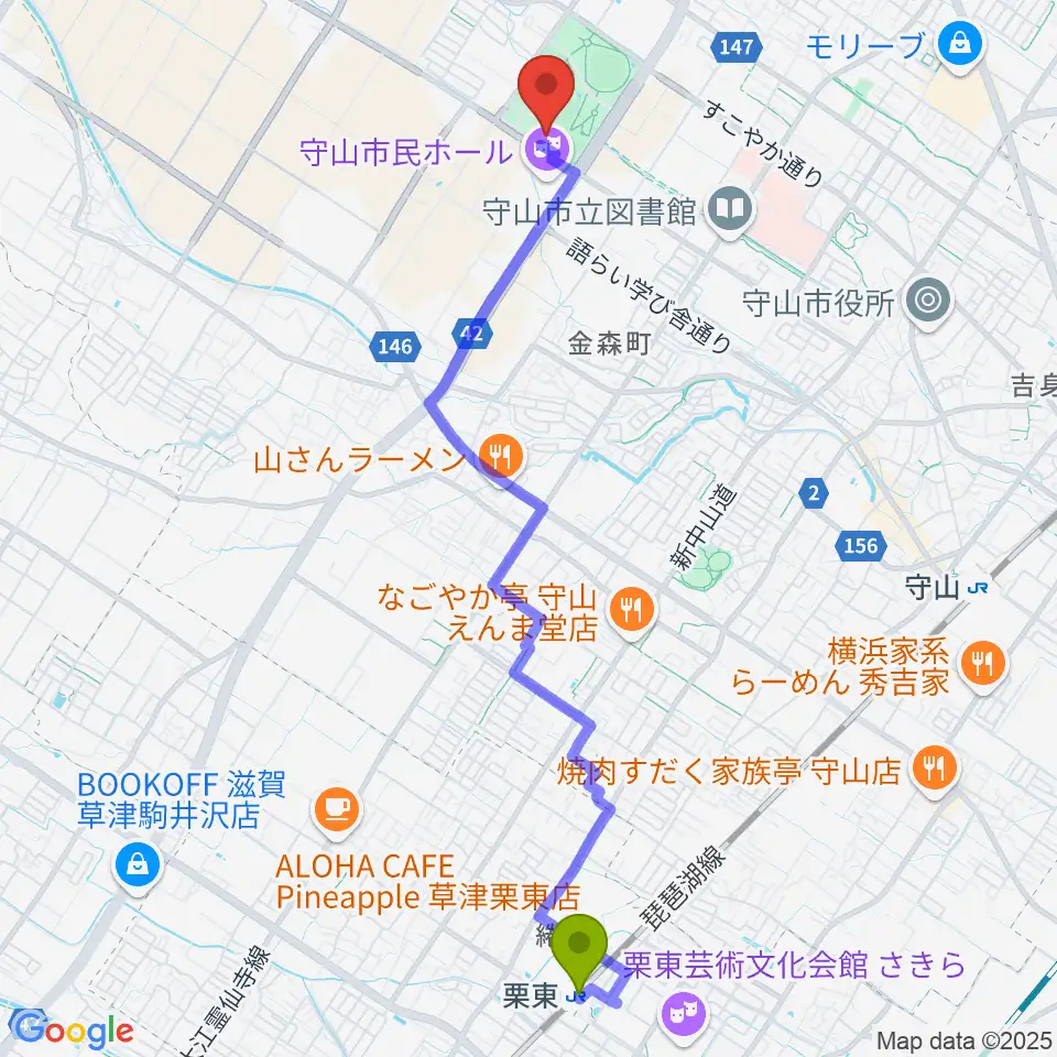 栗東駅から守山市民体育館へのルートマップ地図