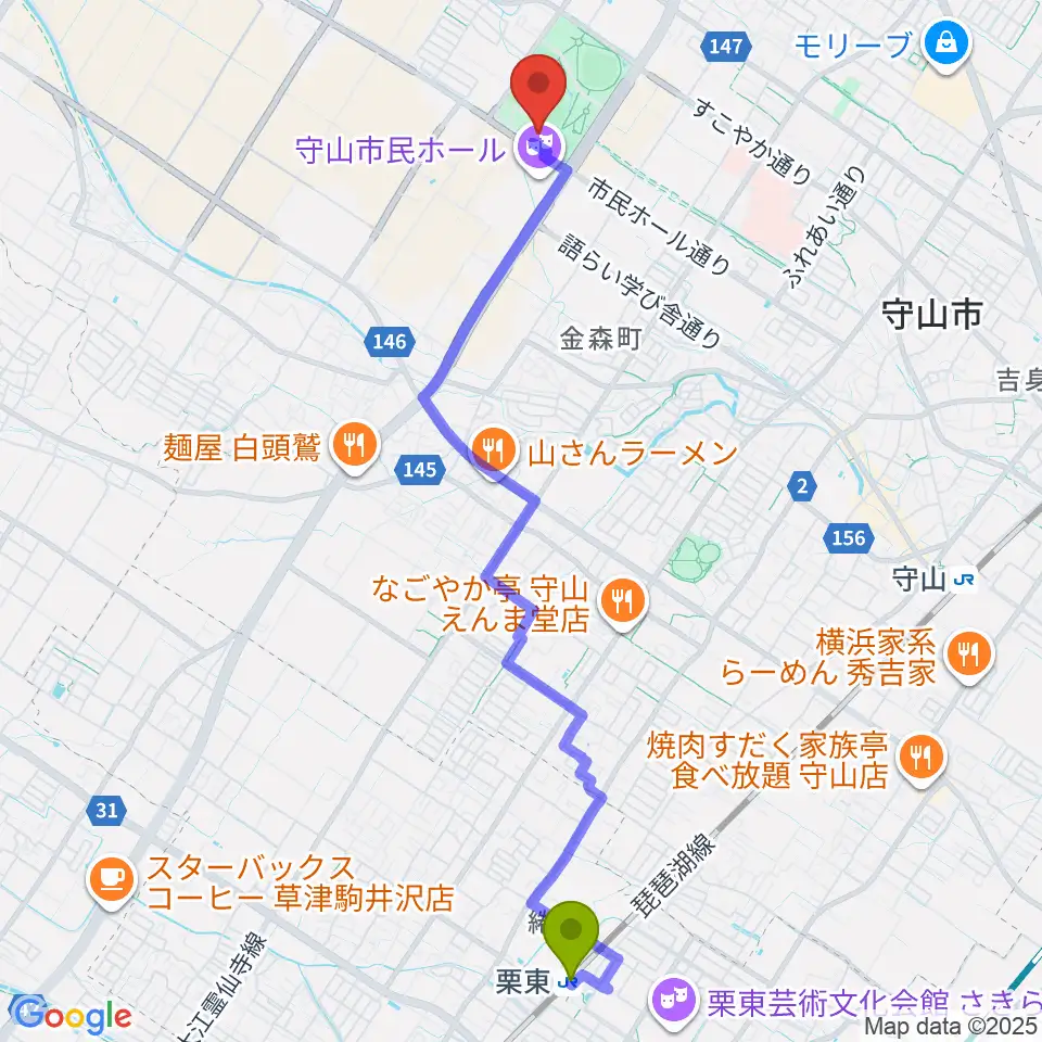 栗東駅から守山市民体育館へのルートマップ地図