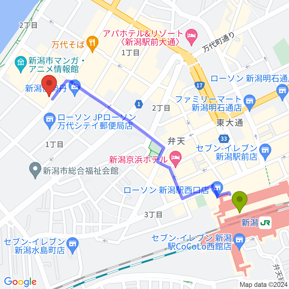 シネ・ウインドの最寄駅新潟駅からの徒歩ルート（約12分）地図