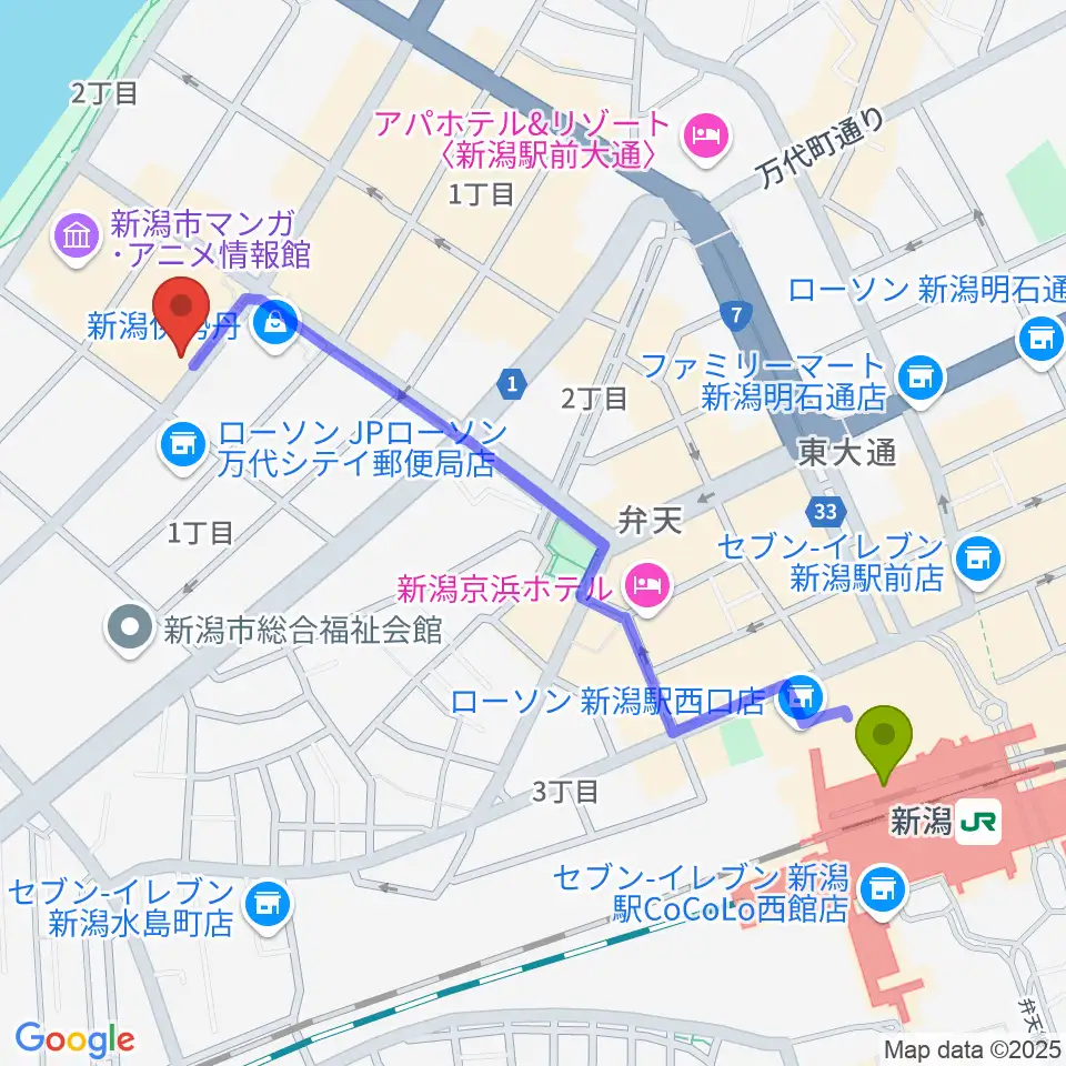 シネ・ウインドの最寄駅新潟駅からの徒歩ルート（約12分）地図