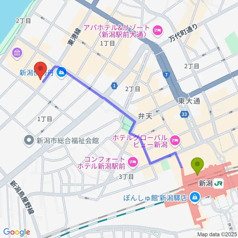 シネ・ウインドの最寄駅新潟駅からの徒歩ルート（約12分）地図