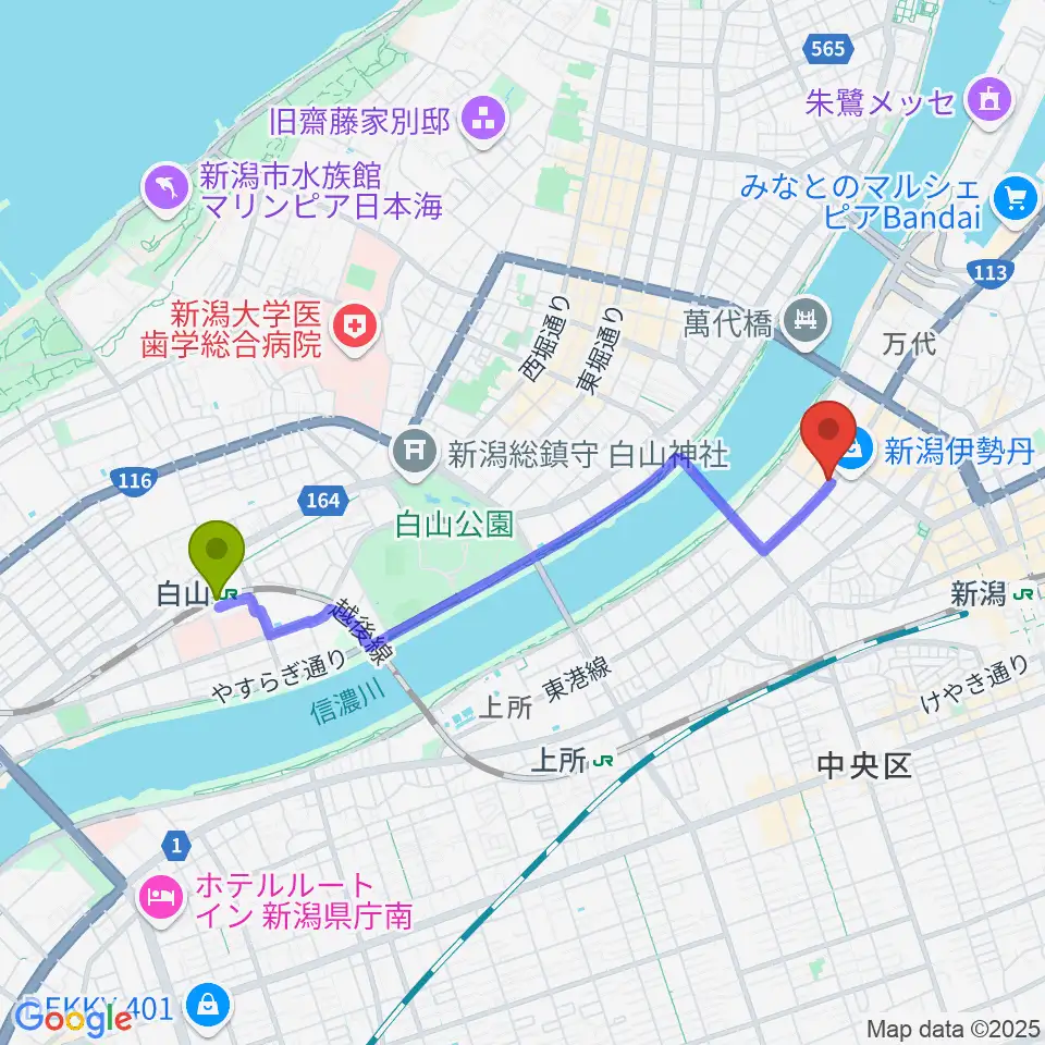 白山駅からシネ・ウインドへのルートマップ地図