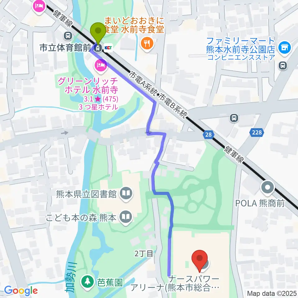 市立体育館前駅からナースパワーアリーナへのルートマップ地図