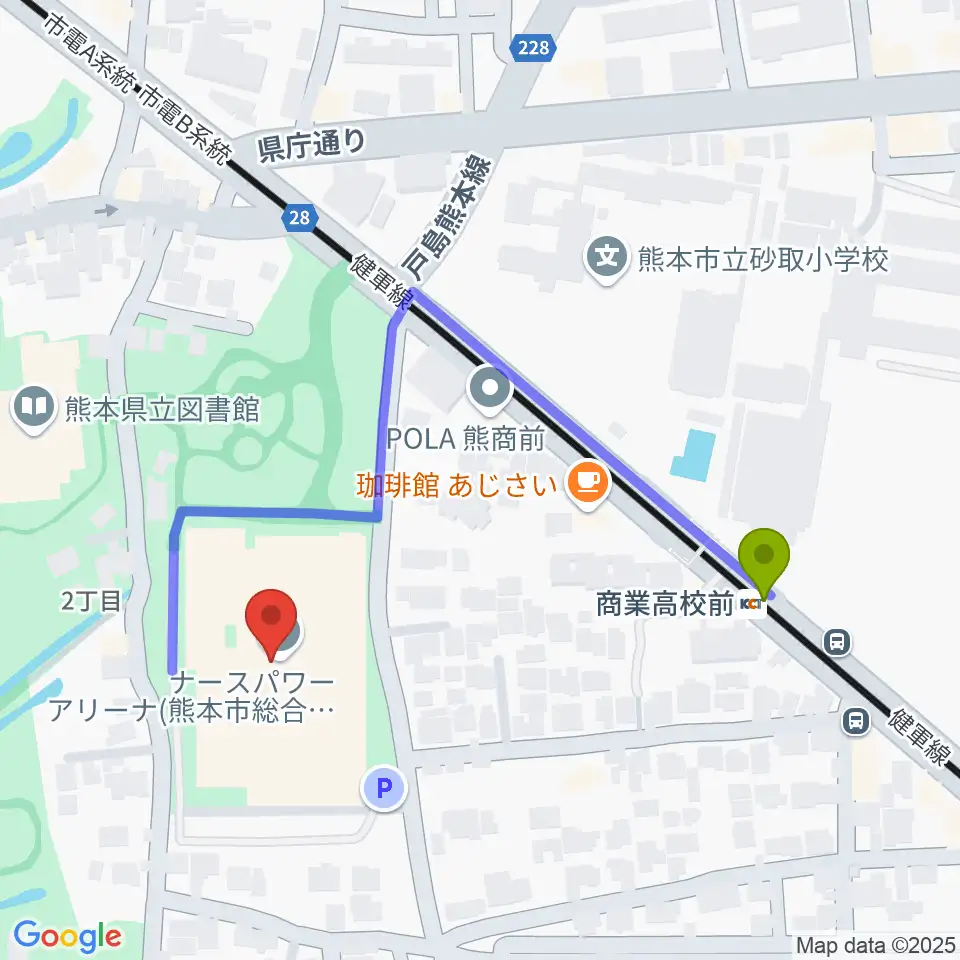 ナースパワーアリーナの最寄駅商業高校前駅からの徒歩ルート（約4分）地図