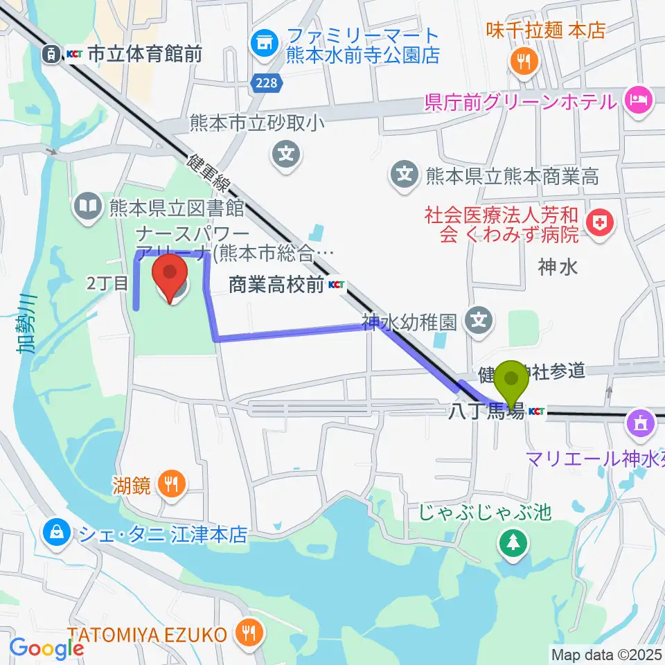 八丁馬場駅からナースパワーアリーナへのルートマップ地図