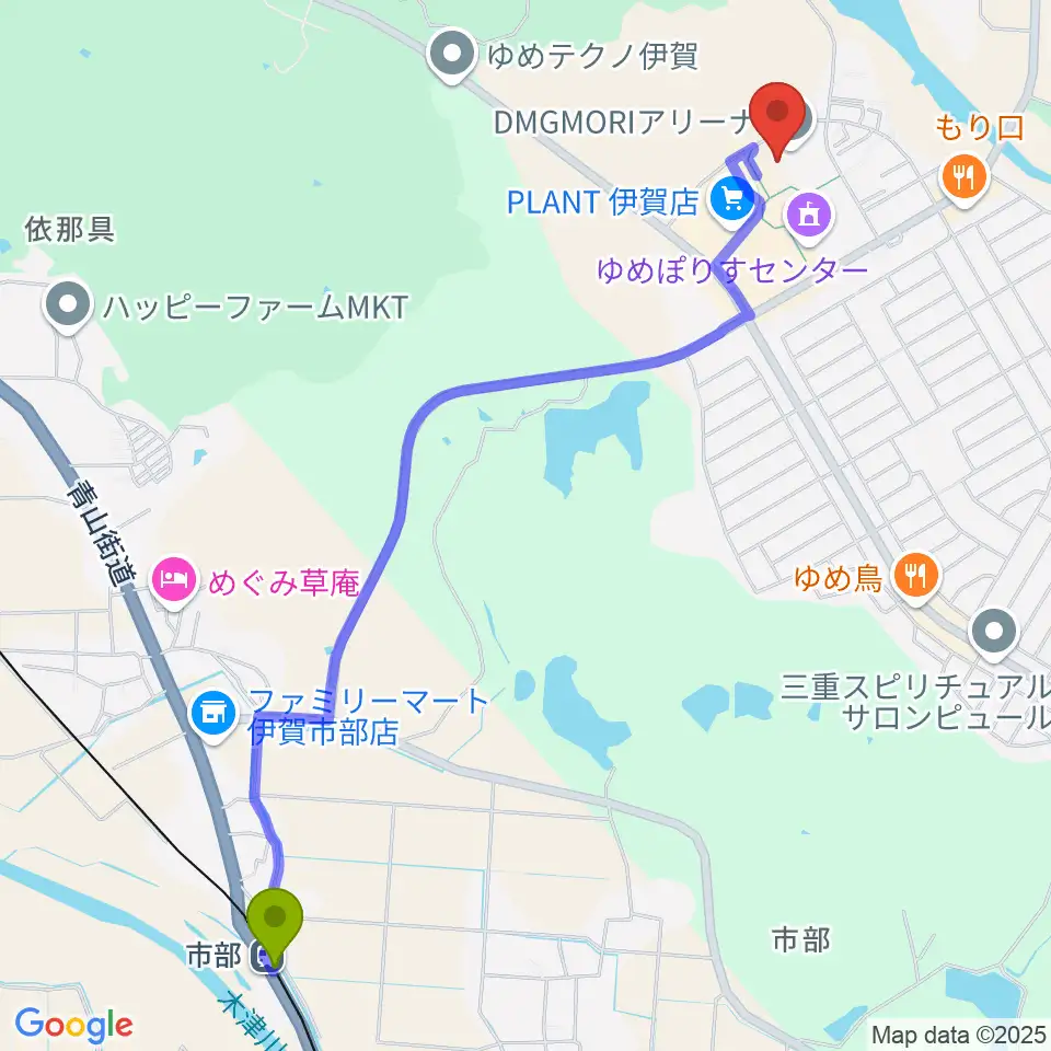 DMGMORIアリーナの最寄駅市部駅からの徒歩ルート（約28分）地図