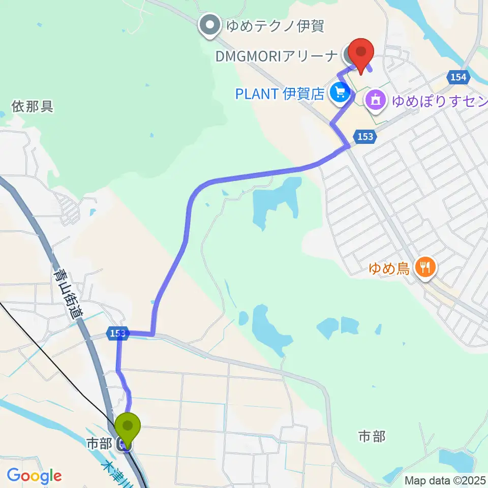DMGMORIアリーナの最寄駅市部駅からの徒歩ルート（約28分）地図