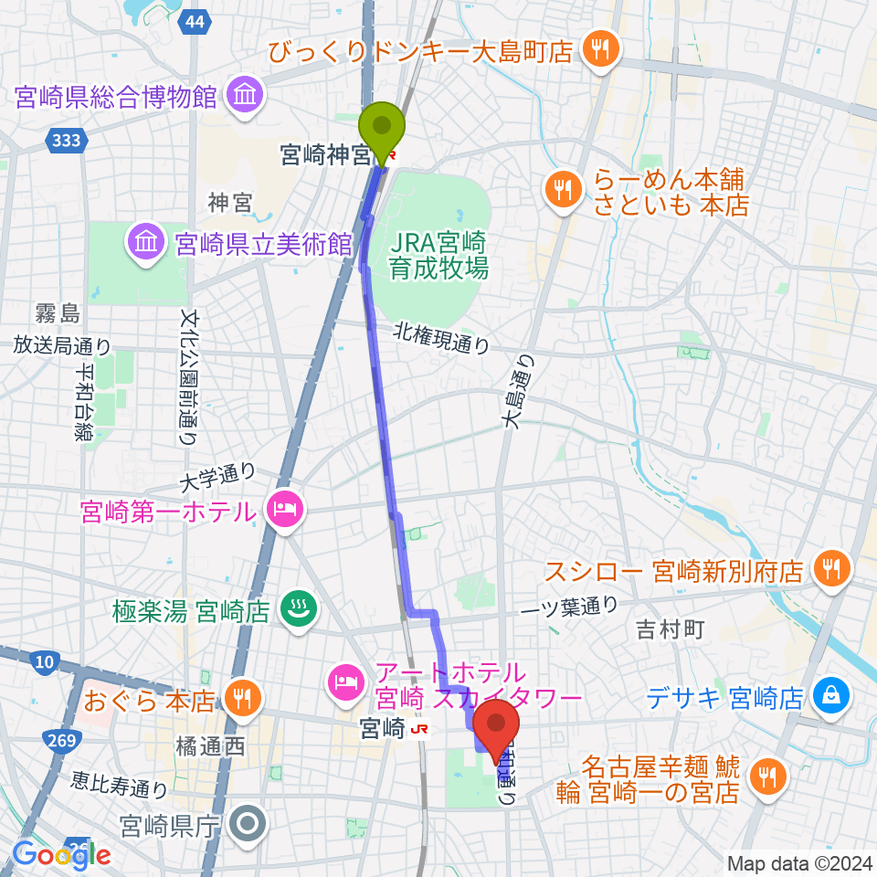 宮崎神宮駅から宮崎市立総合体育館へのルートマップ地図