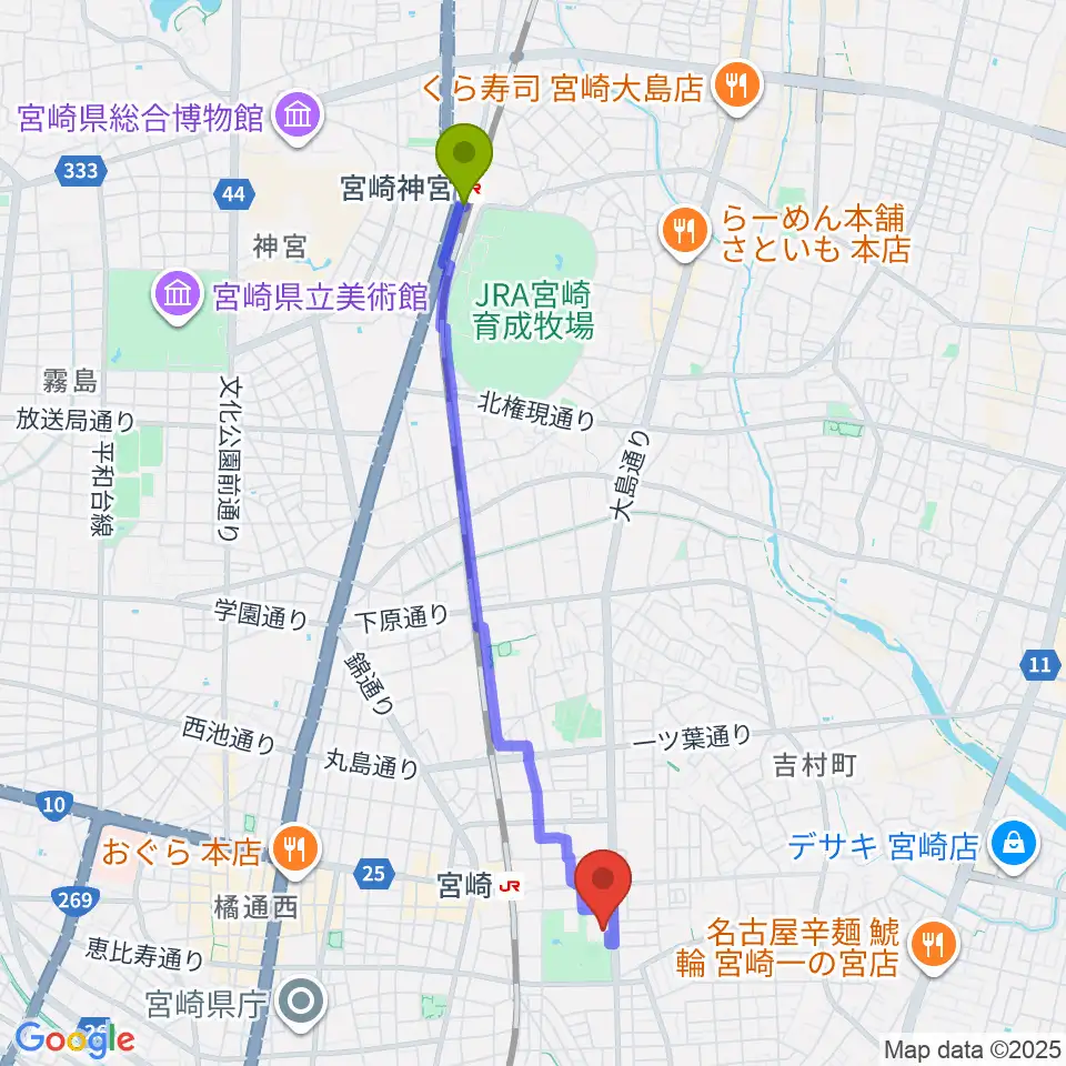 宮崎神宮駅から宮崎市立総合体育館へのルートマップ地図