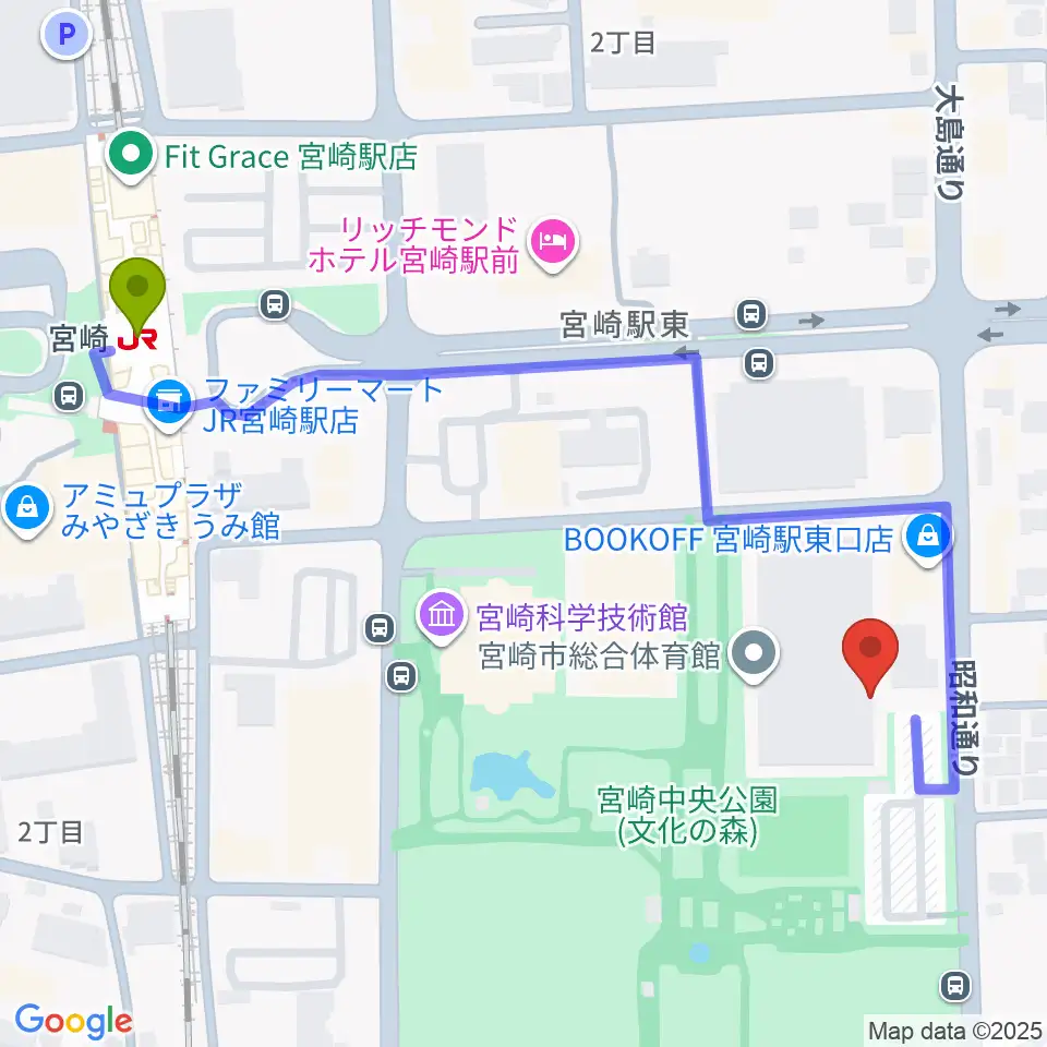 宮崎市立総合体育館の最寄駅宮崎駅からの徒歩ルート（約6分）地図