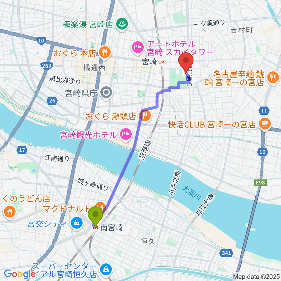 南宮崎駅から宮崎市立総合体育館へのルートマップ地図