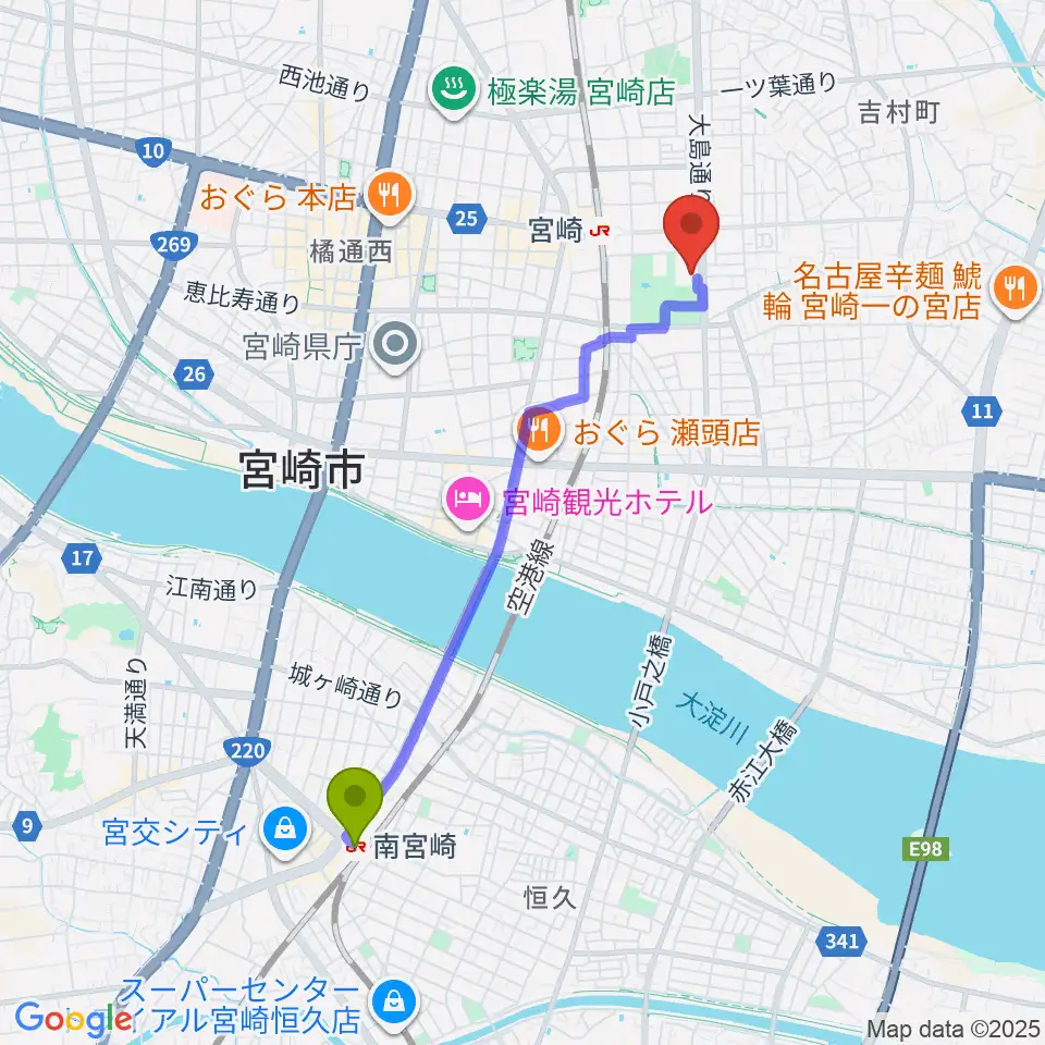 南宮崎駅から宮崎市立総合体育館へのルートマップ地図