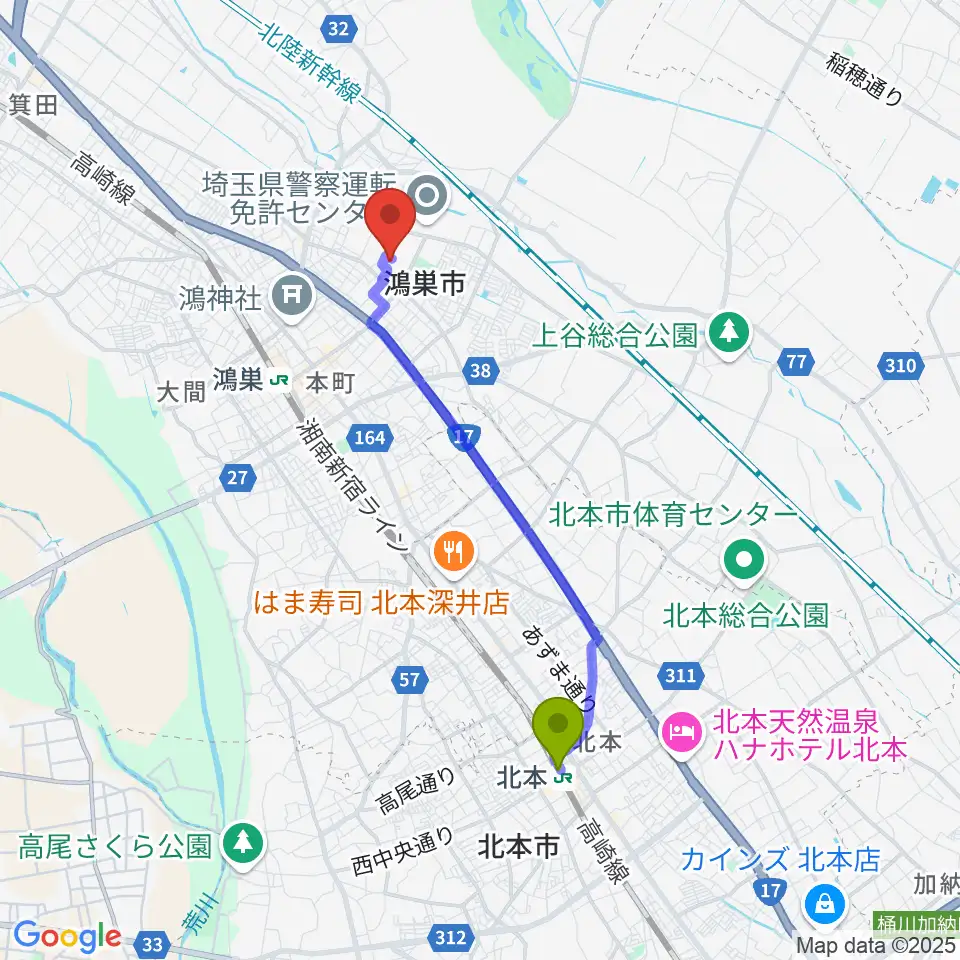 北本駅から鴻巣市総合体育館へのルートマップ地図