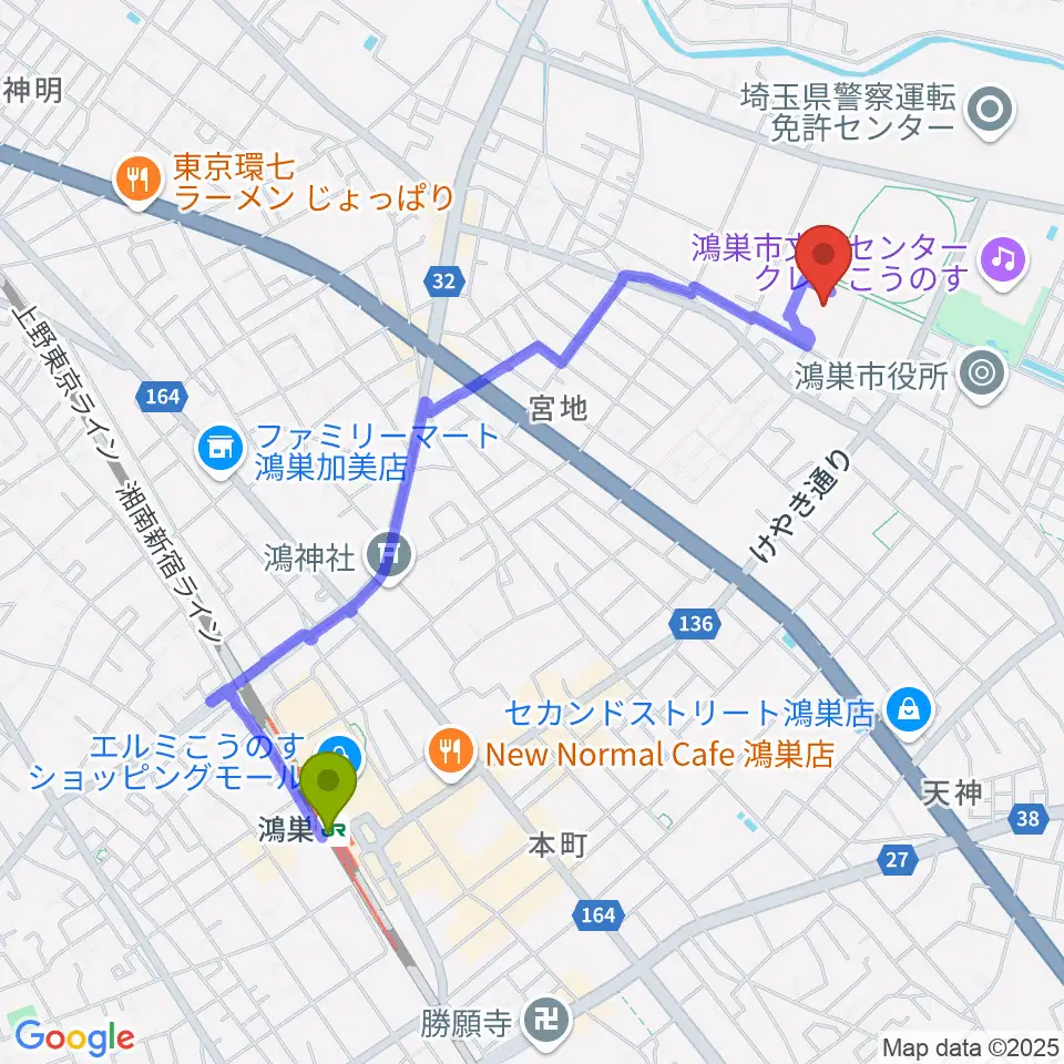 鴻巣市総合体育館の最寄駅鴻巣駅からの徒歩ルート（約21分）地図