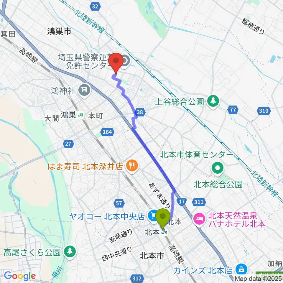 北本駅から鴻巣市立陸上競技場へのルートマップ地図