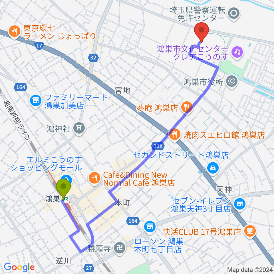 鴻巣市立陸上競技場の最寄駅鴻巣駅からの徒歩ルート（約24分）地図