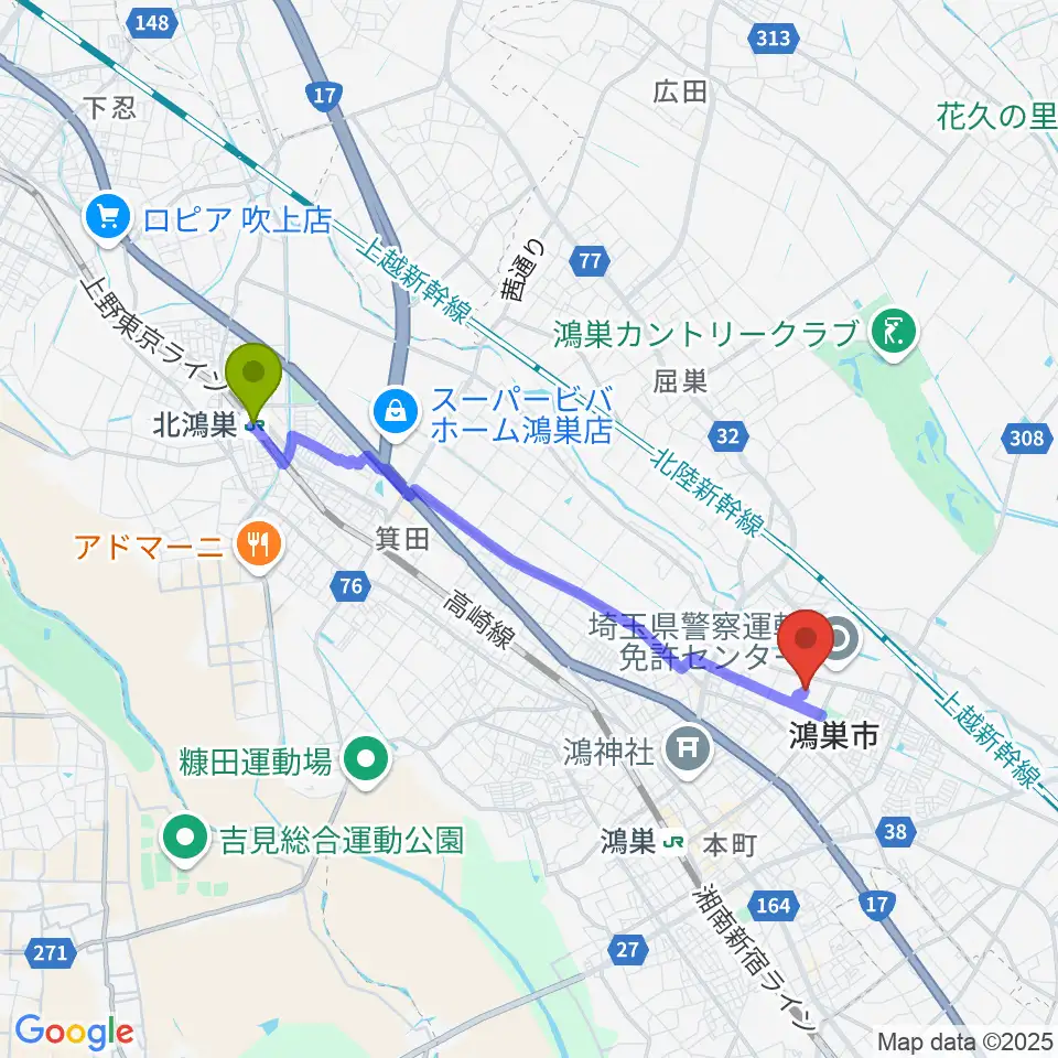 北鴻巣駅から鴻巣市立陸上競技場へのルートマップ地図