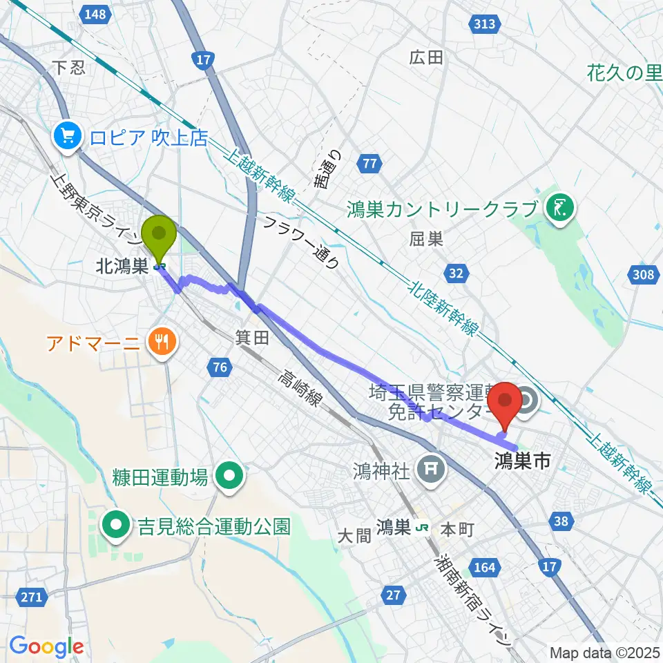 北鴻巣駅から鴻巣市立陸上競技場へのルートマップ地図