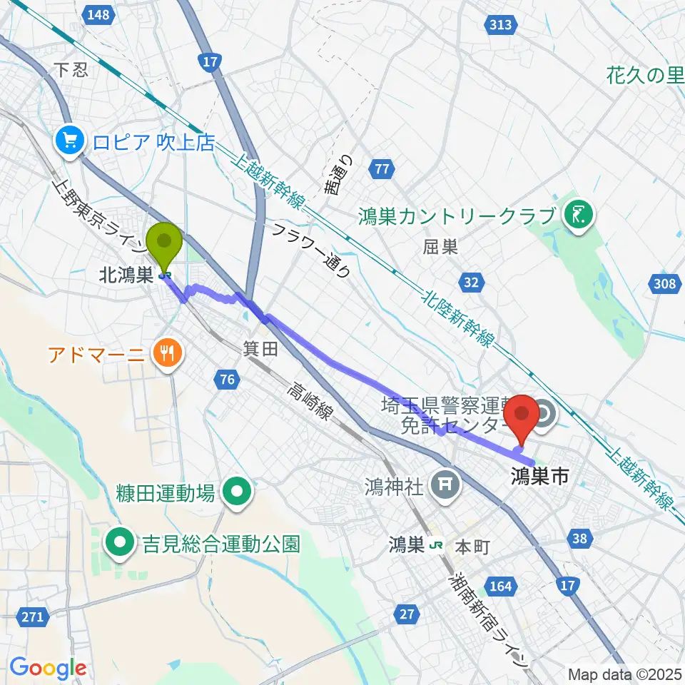 北鴻巣駅から鴻巣市立陸上競技場へのルートマップ地図
