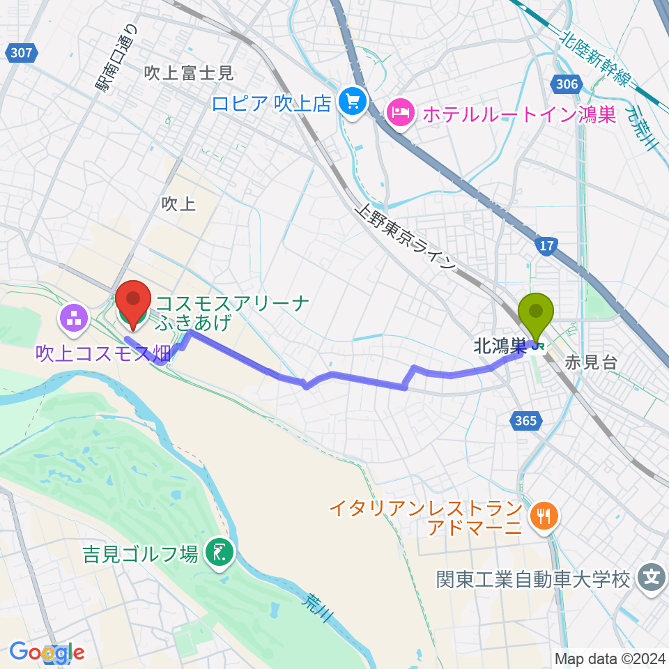 北鴻巣駅からコスモスアリーナふきあげへのルートマップ地図