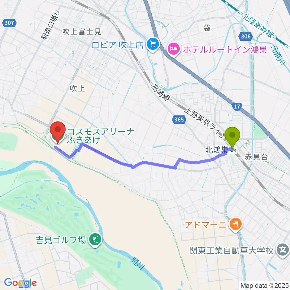 北鴻巣駅からコスモスアリーナふきあげへのルートマップ地図