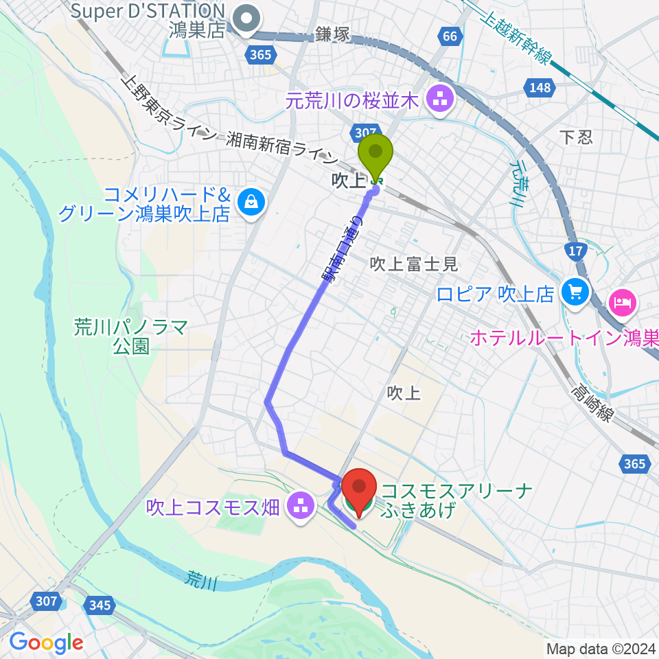 コスモスアリーナふきあげの最寄駅吹上駅からの徒歩ルート（約31分）地図