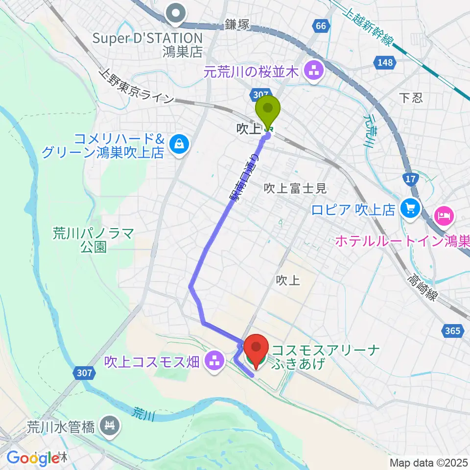 コスモスアリーナふきあげの最寄駅吹上駅からの徒歩ルート（約31分）地図