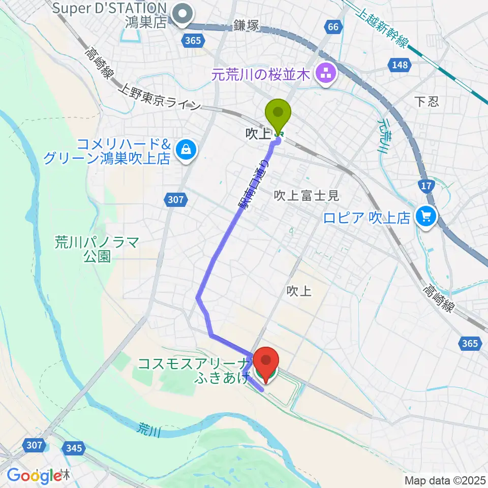 コスモスアリーナふきあげの最寄駅吹上駅からの徒歩ルート（約31分）地図