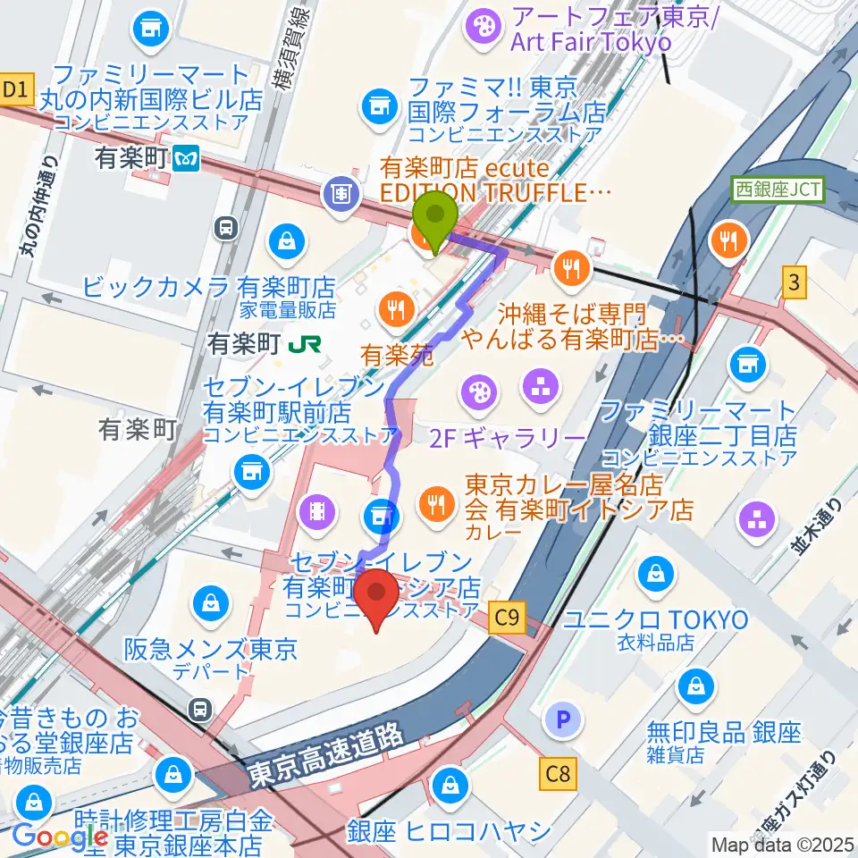 有楽町駅から有楽町I'M A SHOWへのルートマップ地図