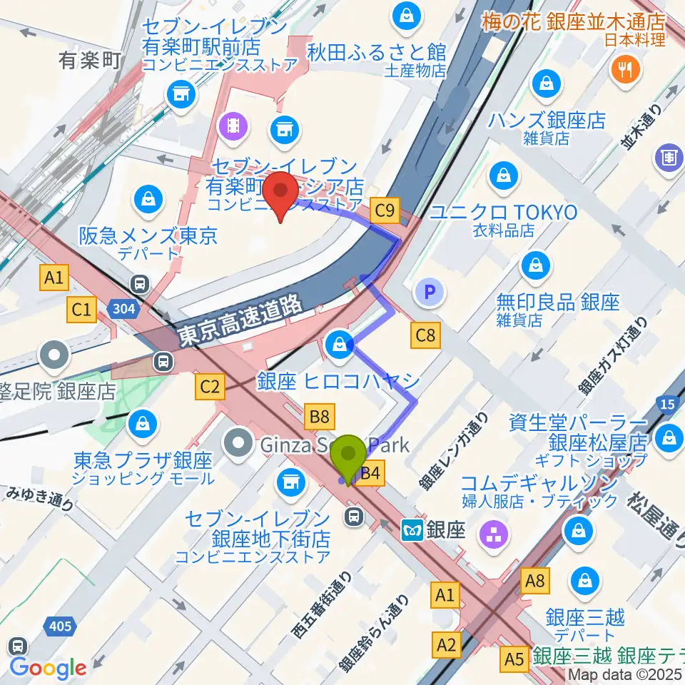 有楽町I'M A SHOWの最寄駅銀座駅からの徒歩ルート（約3分）地図