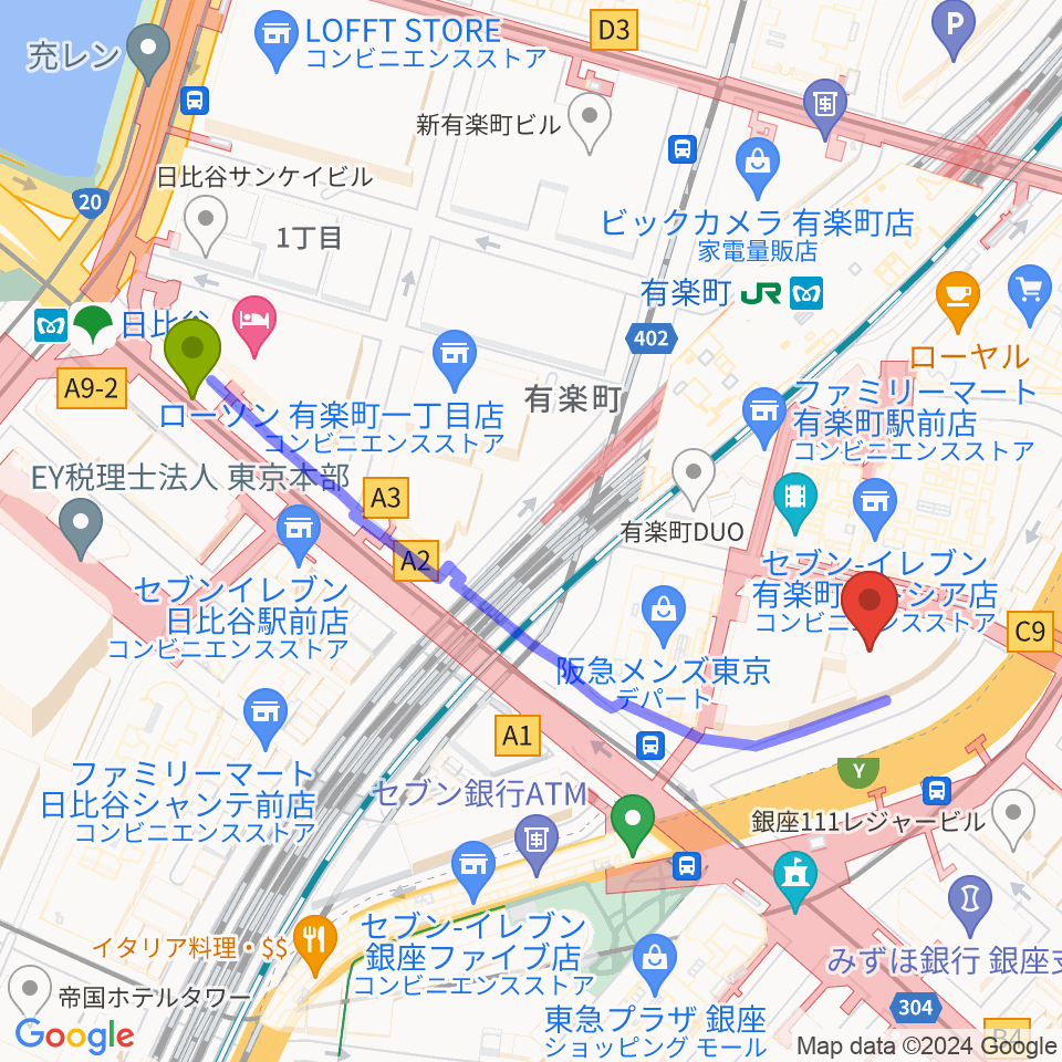 日比谷駅から有楽町I'M A SHOWへのルートマップ地図