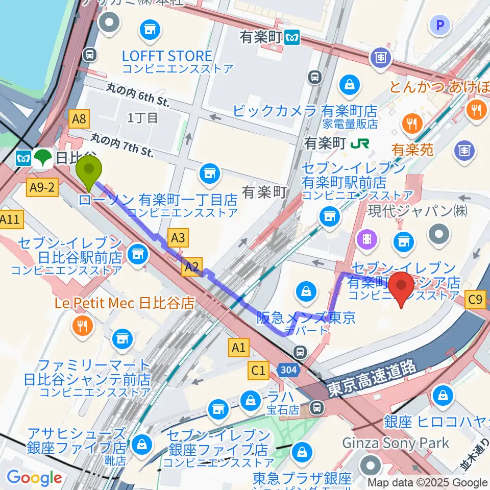 日比谷駅から有楽町I'M A SHOWへのルートマップ地図