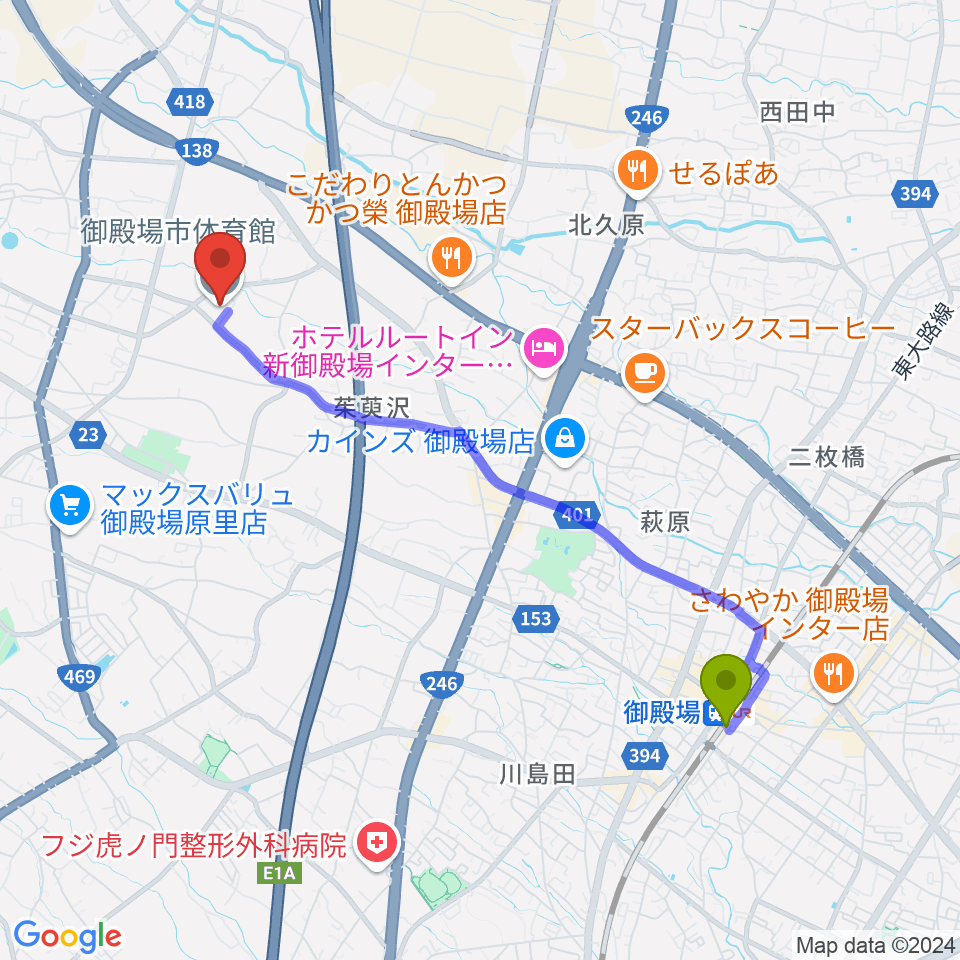 御殿場市体育館の最寄駅御殿場駅からの徒歩ルート（約43分）地図