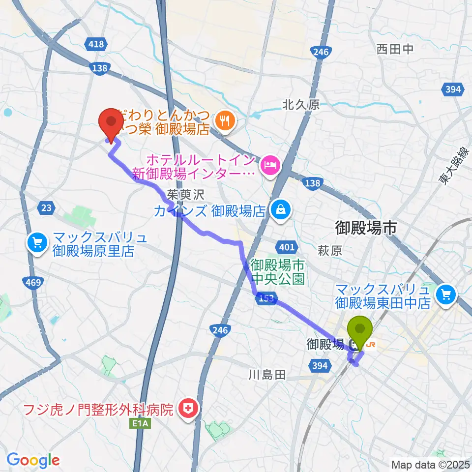 御殿場市体育館の最寄駅御殿場駅からの徒歩ルート（約43分）地図