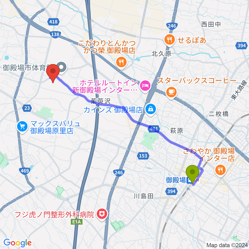 御殿場市陸上競技場の最寄駅御殿場駅からの徒歩ルート（約43分）地図