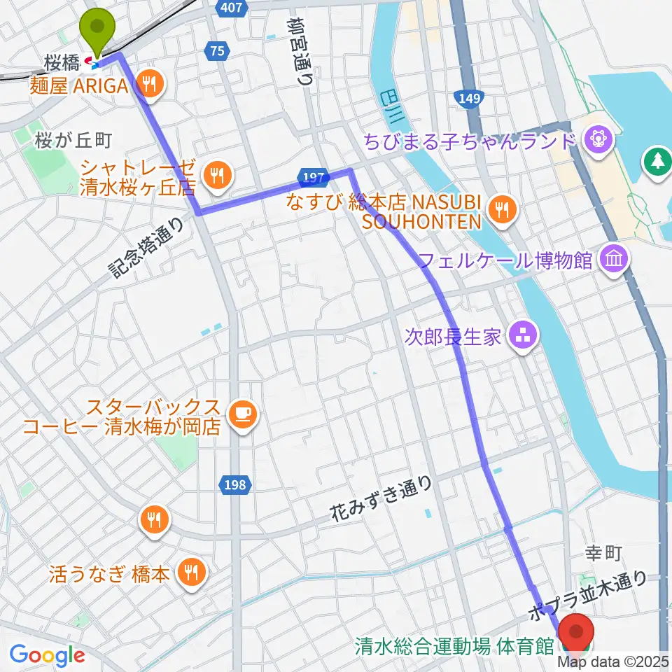 桜橋駅から清水総合運動場体育館へのルートマップ地図