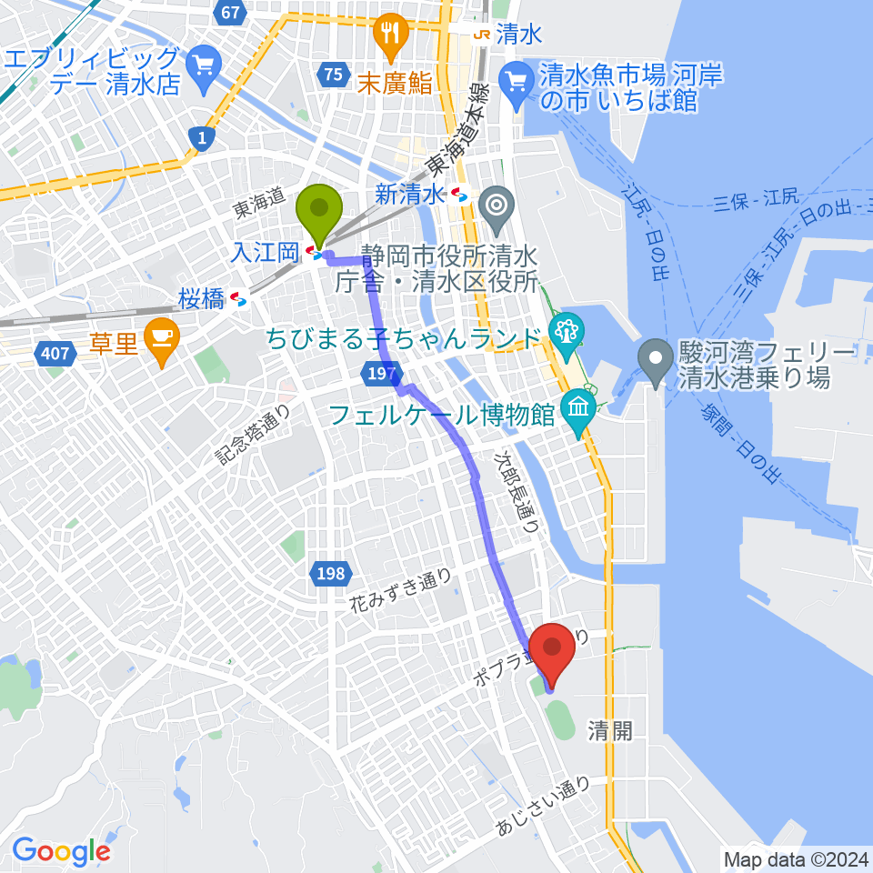 清水総合運動場体育館の最寄駅入江岡駅からの徒歩ルート（約36分）地図