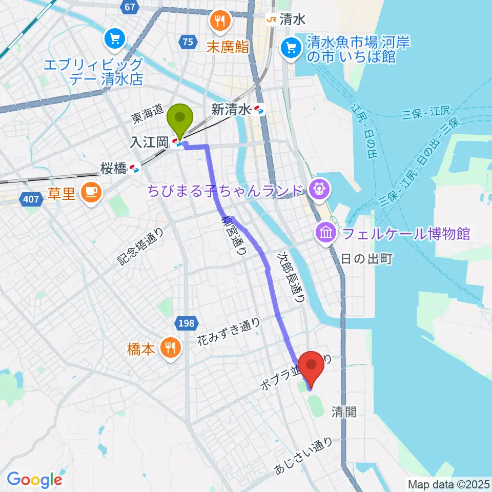 清水総合運動場体育館の最寄駅入江岡駅からの徒歩ルート（約36分）地図