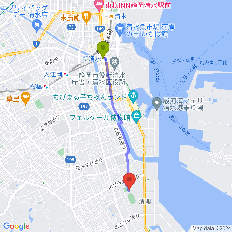 新清水駅から清水総合運動場体育館へのルートマップ地図