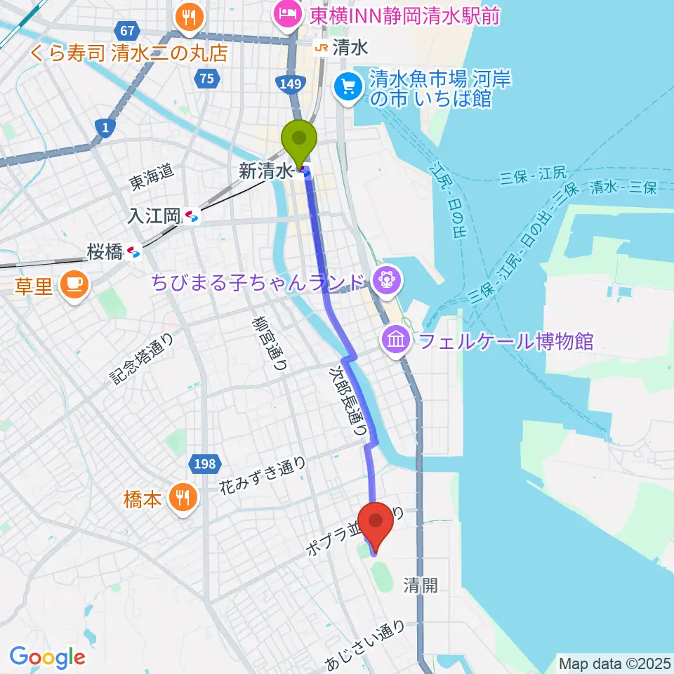 新清水駅から清水総合運動場体育館へのルートマップ地図