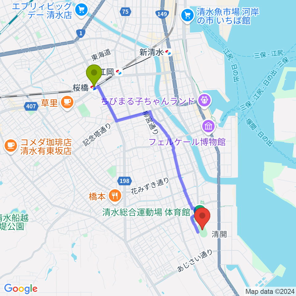 桜橋駅から清水総合運動場陸上競技場へのルートマップ地図